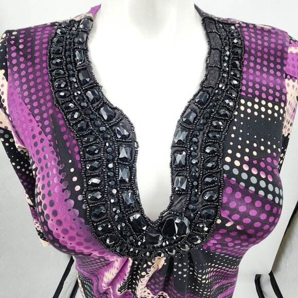 Bisou Bisou Michele Bohbot Size 10 Dress With Purple Black Beaded Neckline - Picture 2 of 9